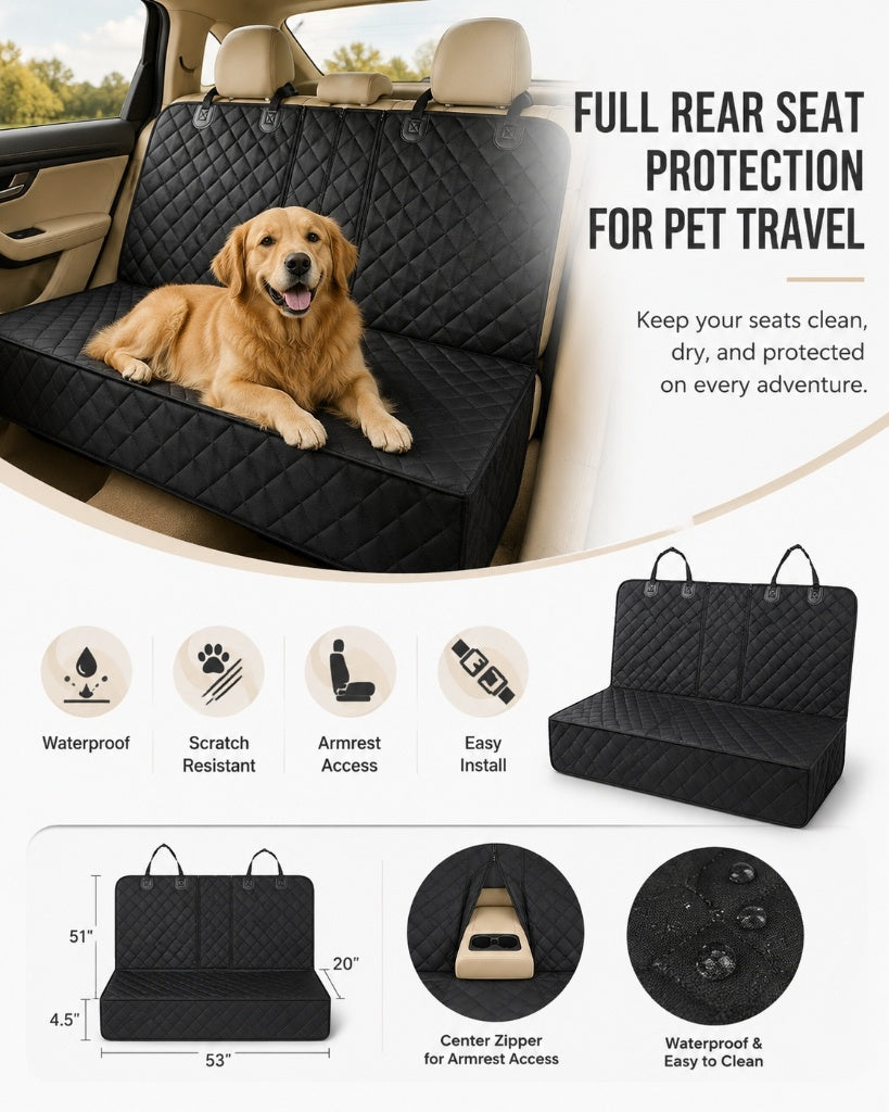 Say Goodbye To Dog Hair, Mud & Scratched Seats. The 100% Waterproof, Heavy-Duty Rear Seat Cover Built For Pet Travel.